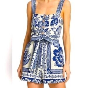 FARM Rio size small Blue pineapple garden romper white shorts tie tropical vaca